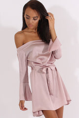 Pink Silky Bardot Tie Waist Dress - Esther-Dresses
