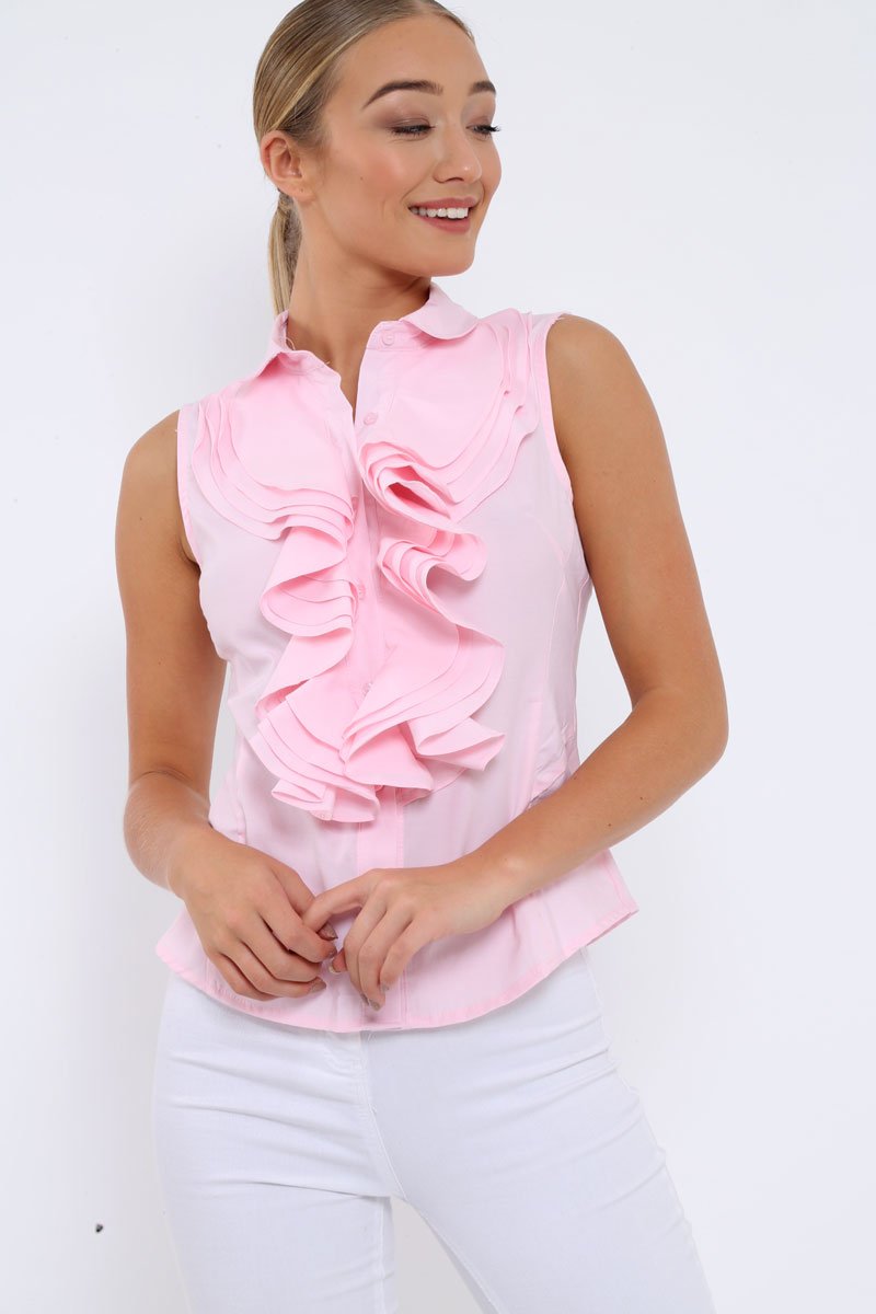 Pink Sleeveless Ruffle Shirt - Samarra-Shirts