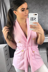 Pink Sleeveless Tie Waist Blazer - Tonia-Jackets