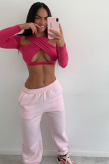 Pink Slinky Cross Front Long Sleeve Crop Top - Tahlia