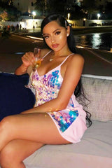 Pink Small Sequin V Neck Dress - Jamey-Dresses