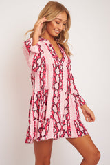Pink Snake Plunge Tiered Detail Dress - Kaiya-Dresses