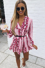 Pink Snake Plunge Tiered Detail Dress - Kaiya-Dresses