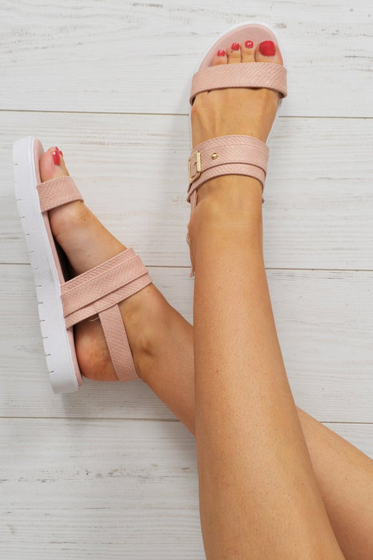 Pink Snake Print Gold Buckle Sandals - Jeanelle