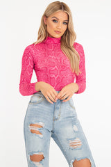 Pink Snake Print High Neck Long Sleeve Bodysuit - Evanna-Bodysuits