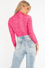 Pink Snake Print High Neck Long Sleeve Bodysuit - Evanna-Bodysuits