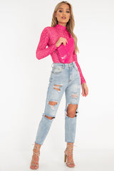 Pink Snake Print High Neck Long Sleeve Bodysuit - Evanna-Bodysuits