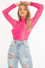Pink Snake Print High Neck Long Sleeve Bodysuit - Evanna-Bodysuits