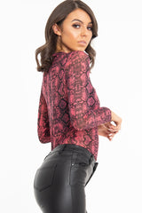 Pink Snake Print Mesh Long Sleeve Top - Marisela-Tops