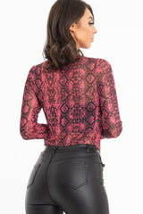 Pink Snake Print Mesh Long Sleeve Top - Marisela-Tops