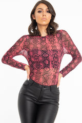 Pink Snake Print Mesh Long Sleeve Top - Marisela-Tops