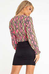 Pink Snake Print Plunge Shirred Waist Blouse - Athena-Blouse