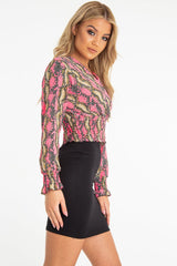 Pink Snake Print Plunge Shirred Waist Blouse - Athena-Blouse