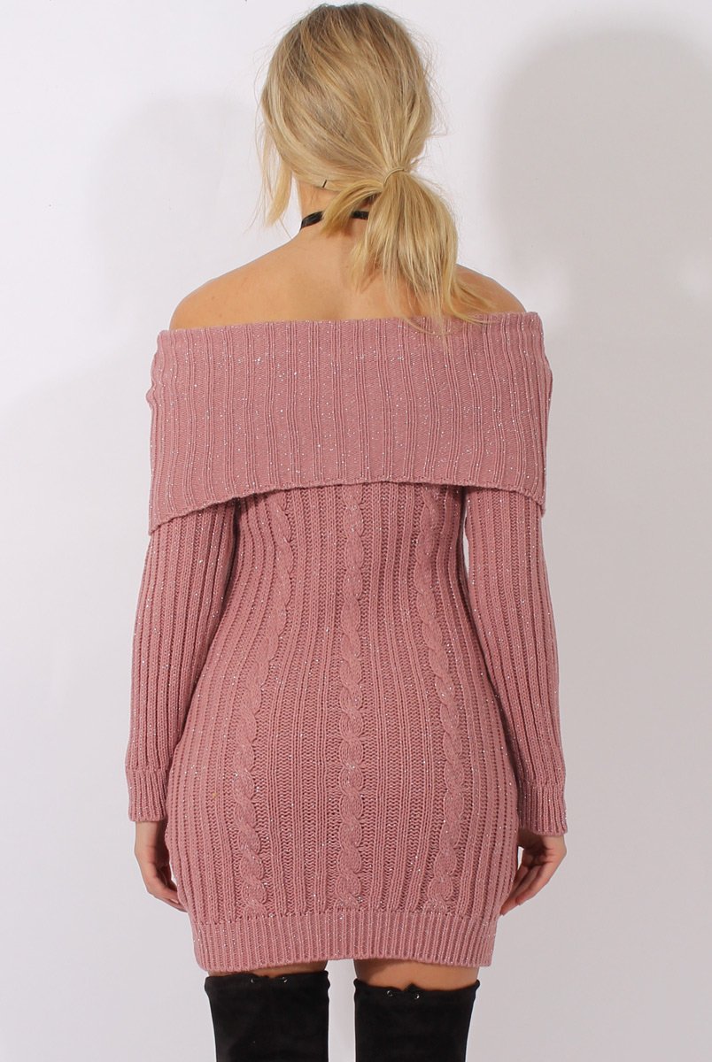 Pink Sparkle Knit Bardot Jumper Dress - Kasey Rebellious Fashion Pink Sparkle Knit Bardot Jumper Dress - Kasey Rebellious Fashion