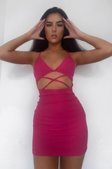 Pink Strappy Front Cut Out Ribbed Mini Dress - Riata