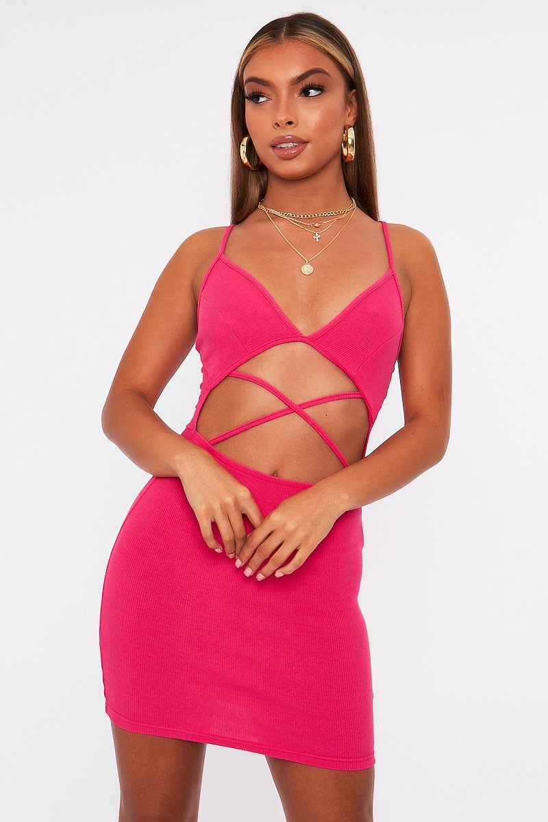Pink Strappy Front Cut Out Ribbed Mini Dress - Riata-Dresses
