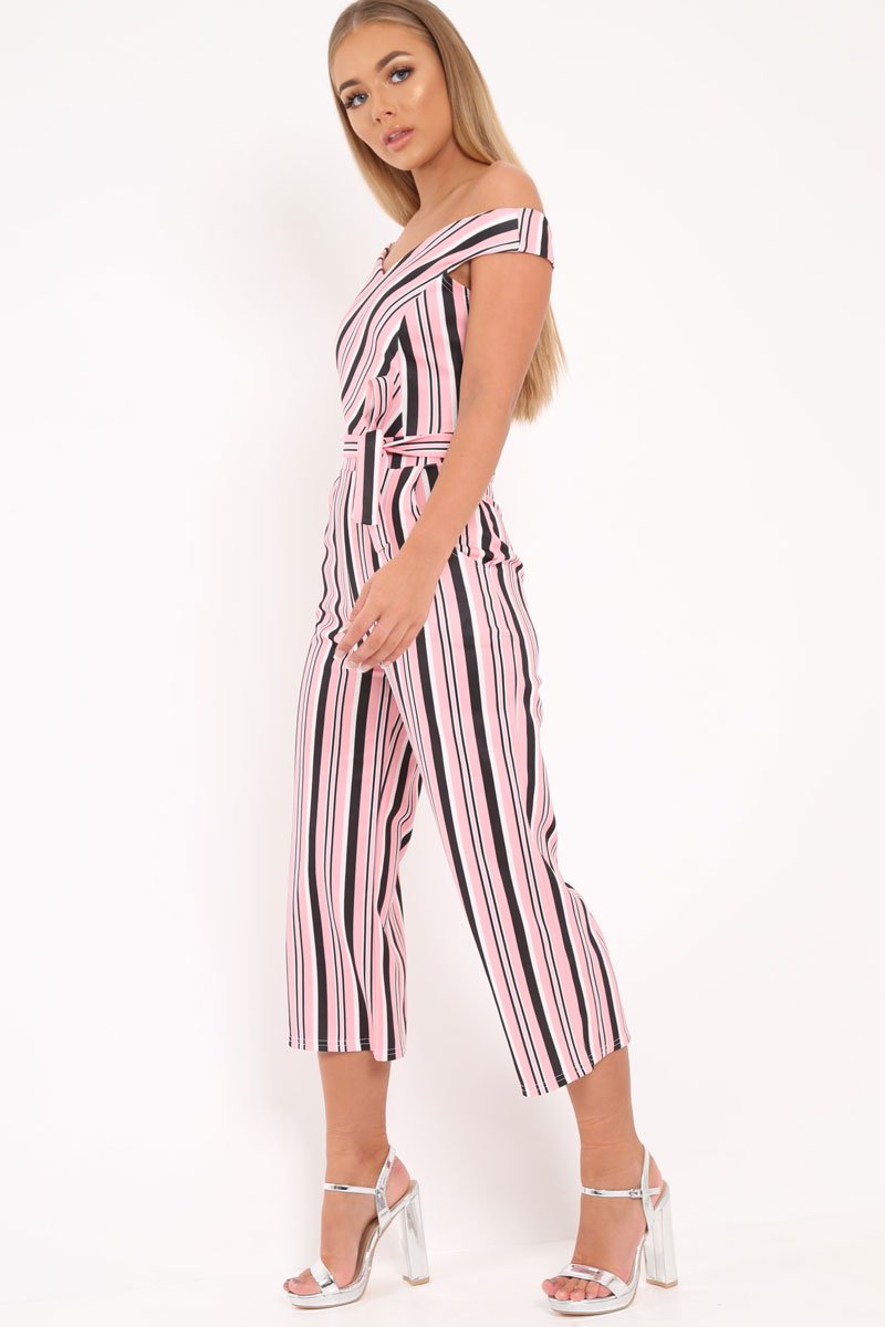 Pink Stripe Bardot Culotte Jumpsuit - Annarae-Jumpsuits