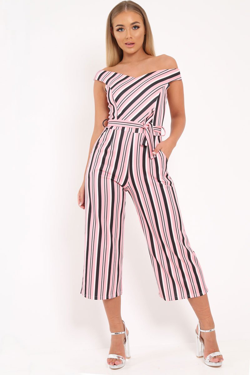 Pink Stripe Bardot Culotte Jumpsuit - Annarae-Jumpsuits