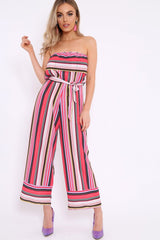 Pink Stripe Bardot Stripe Ruffle Jumpsuit - Kashia-Jumpsuits