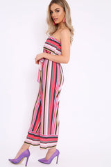 Pink Stripe Bardot Stripe Ruffle Jumpsuit - Kashia-Jumpsuits