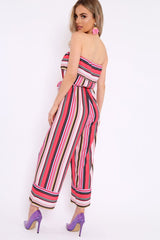 Pink Stripe Bardot Stripe Ruffle Jumpsuit - Kashia-Jumpsuits