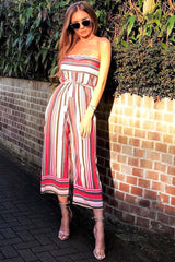Pink Stripe Bardot Stripe Ruffle Jumpsuit - Kashia-Jumpsuits