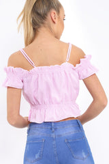 Pink Stripe Cold Shoulder Frill Crop Top - Nieve-Crop Tops