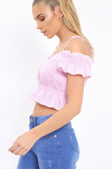 Pink Stripe Cold Shoulder Frill Crop Top - Nieve-Crop Tops