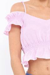 Pink Stripe Cold Shoulder Frill Crop Top - Nieve-Crop Tops