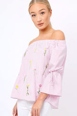 Pink Stripe Floral Embroidered Off Shoulder Top - CeCe-Tops