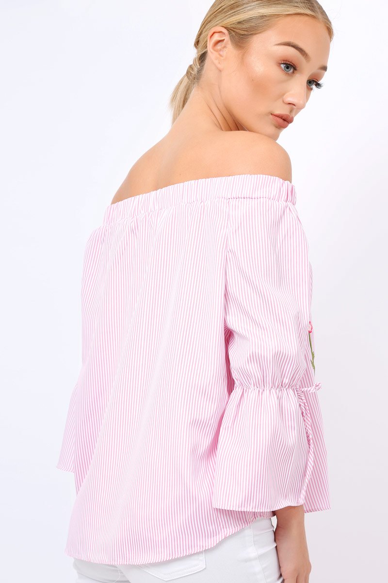 Pink Stripe Floral Embroidered Off Shoulder Top - CeCe-Tops