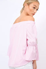Pink Stripe Floral Embroidered Off Shoulder Top - CeCe-Tops