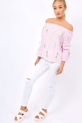 Pink Stripe Floral Embroidered Off Shoulder Top - CeCe-Tops
