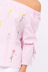 Pink Stripe Floral Embroidered Off Shoulder Top - CeCe-Tops