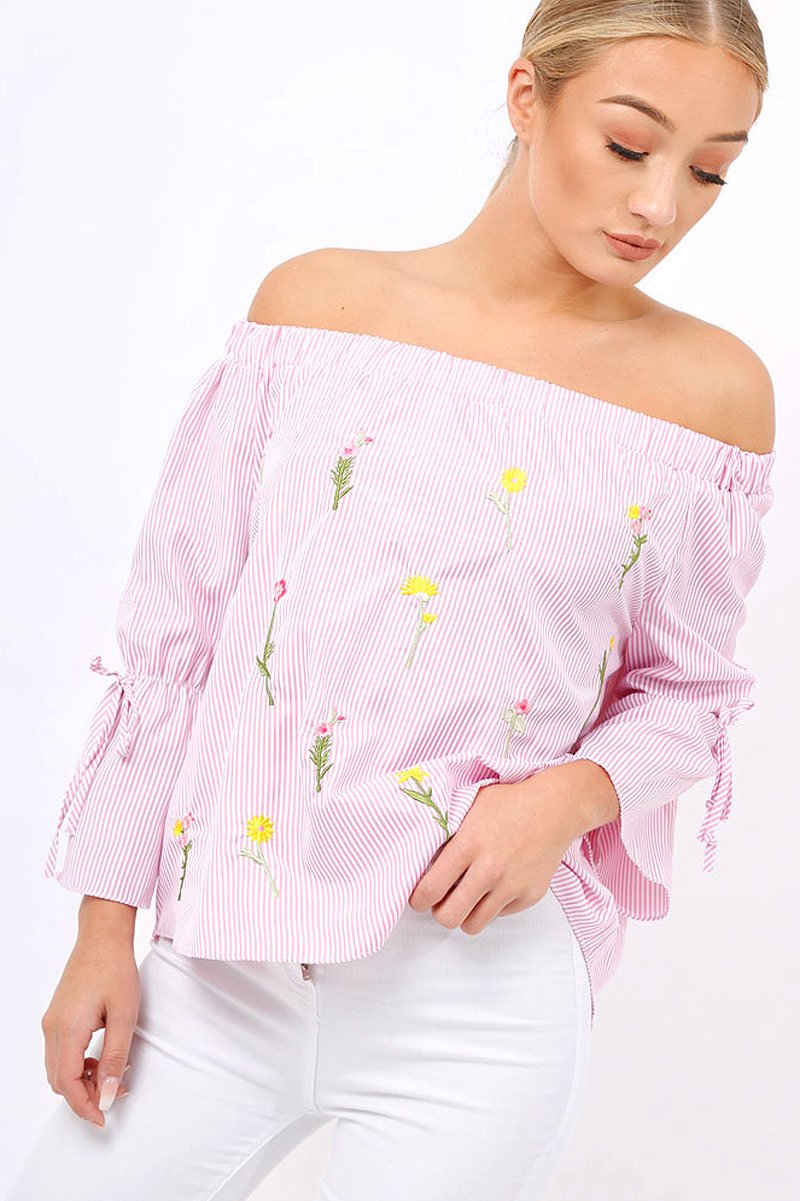 Pink Stripe Floral Embroidered Off Shoulder Top - CeCe-Tops