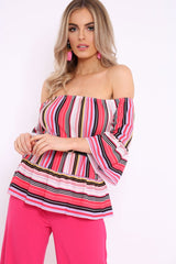 Pink Stripe Off The Shoulder Ruffle Top - Naylee-Tops