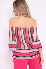 Pink Stripe Off The Shoulder Ruffle Top - Naylee-Tops