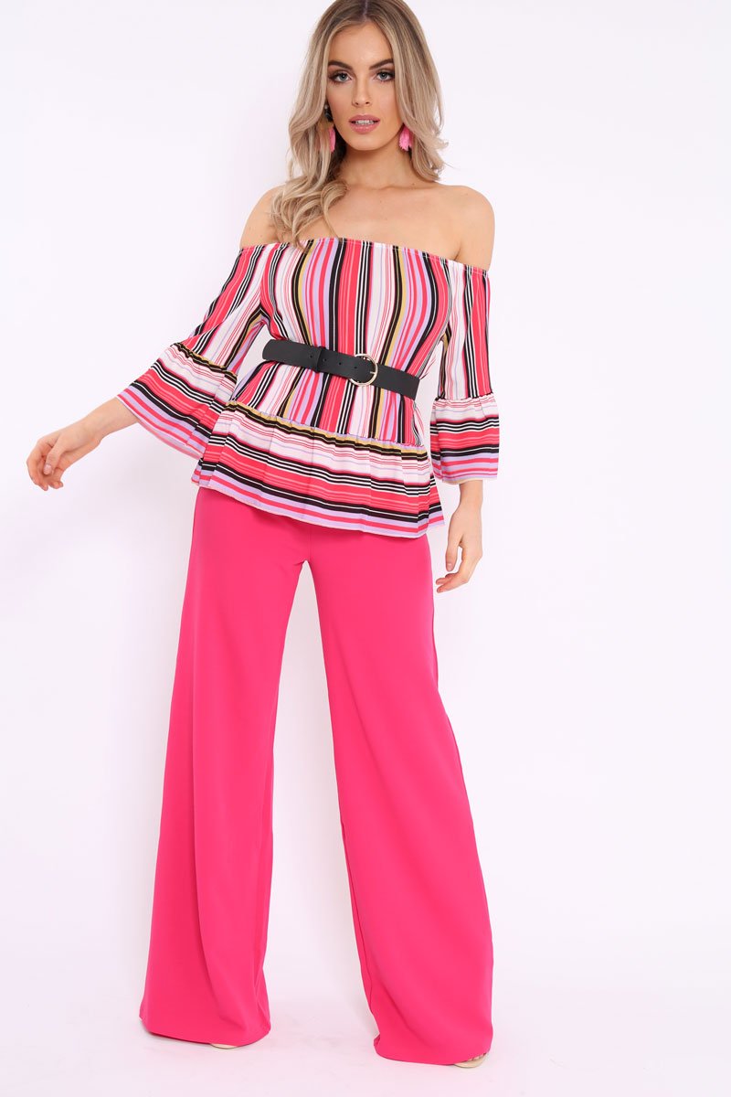 Pink Stripe Off The Shoulder Ruffle Top - Naylee-Tops