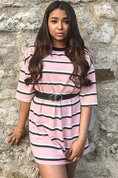 Pink Stripe Oversized T-Shirt Dress - Avriella-T-shirt