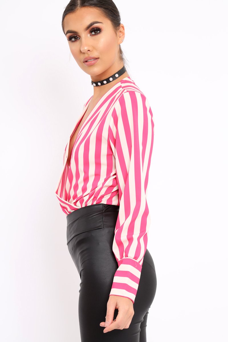 Pink Stripe Plunge Satin Bodysuit - North-Bodysuits