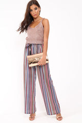 Pink Stripe Wide Leg Beaded Tie Trousers - Haylie-Trousers