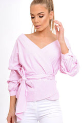 Pink Stripe Wrap Around Tie Waist Top - Rhona-Tops