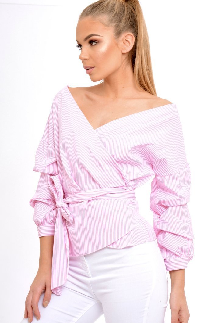 Pink Stripe Wrap Around Tie Waist Top - Rhona-Tops