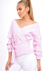 Pink Stripe Wrap Around Tie Waist Top - Rhona-Tops