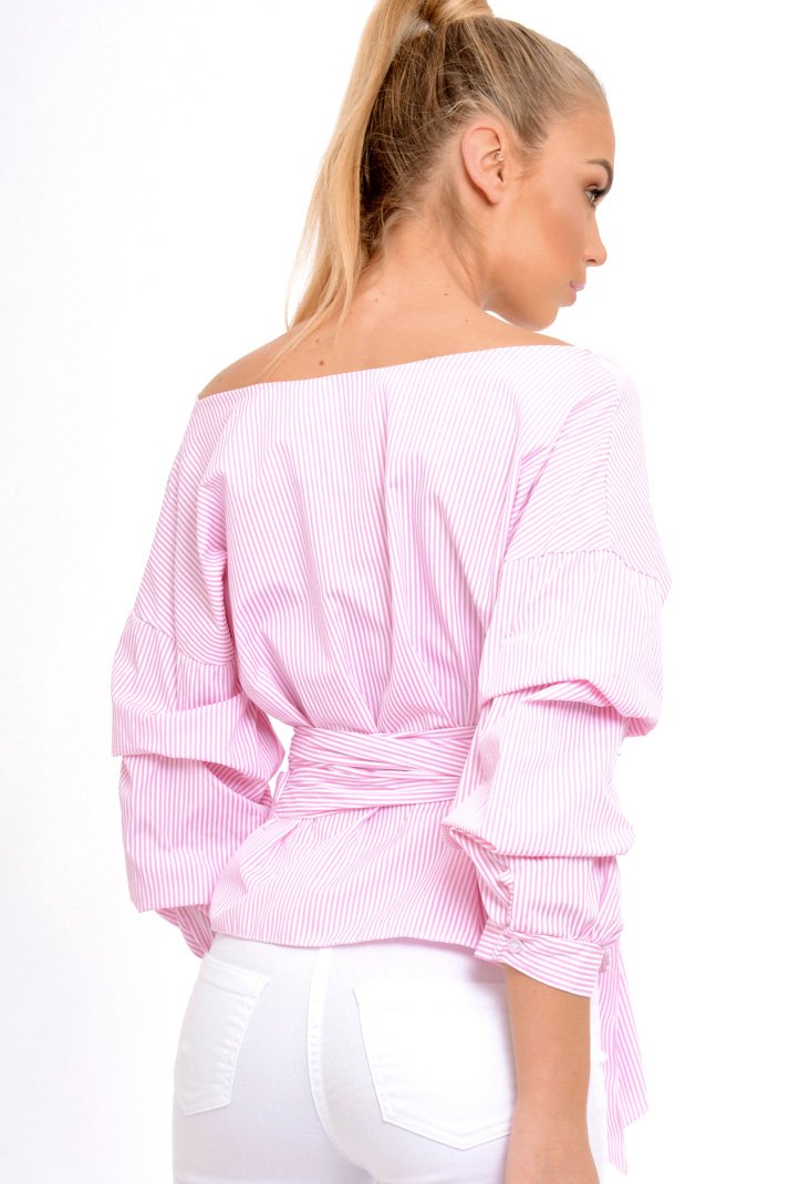 Pink Stripe Wrap Around Tie Waist Top - Rhona-Tops