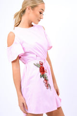 Pink Striped Cold Shoulder Embroidered Shirt Dress - Isadora-Dresses