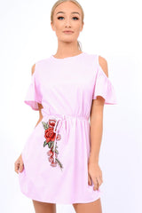 Pink Striped Cold Shoulder Embroidered Shirt Dress - Isadora-Dresses