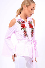 Pink Striped Cold Shoulder Tie Shirt - Aniyah-Shirts