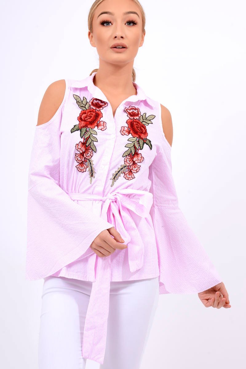 Pink Striped Cold Shoulder Tie Shirt - Aniyah-Shirts
