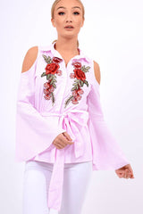 Pink Striped Cold Shoulder Tie Shirt - Aniyah-Shirts